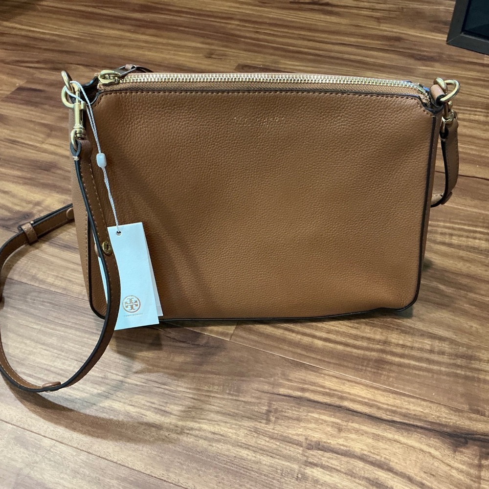 Tory Burch Perry Shoulder Bag OS Whiskey Pebbled Leather Gold Hardware 171463